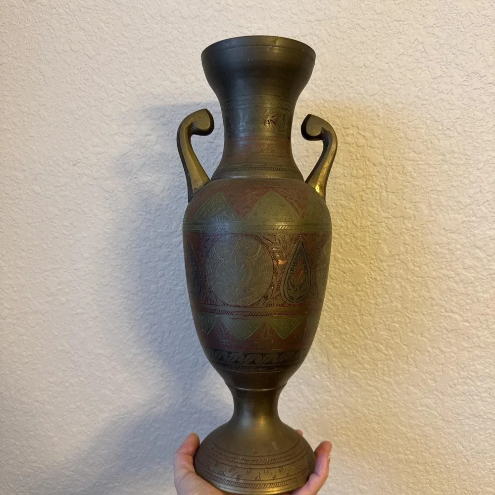 Vintage Solid Brass Vase Hand Etched Floral/Leaf Design 15.5